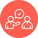 An icon showing two people, with a speech bubble containing a tick.