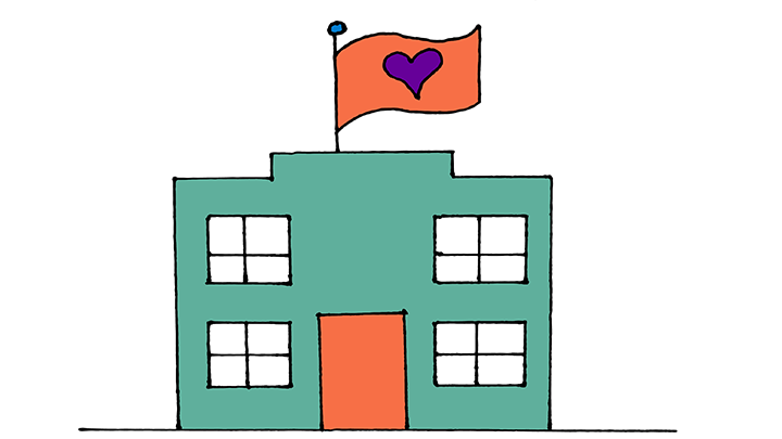 Hand-drawn cartoon of a building with heart flag.