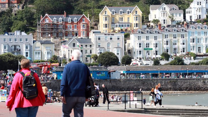 A view of the beach and nearby hotels